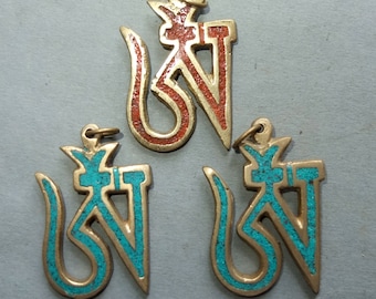 Three Metal OM Shaped Pendants with Glass Inlay from Nepal, Folk Jewelry, FREE SHIPPING