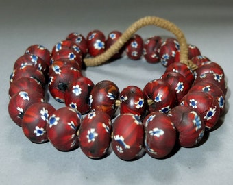 Nepali Folk Beads Nepalese Necklace with Oval Red Black Blue White Fused Glass Beads FREE SHIPPING Beads with Floral Design