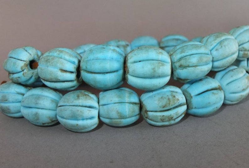 Melon Shaped Ethnic Beads FREE SHIPPING Himalaya Jewelry Heavy Folk Necklace with Handmade Used Blue Grooved Glass Beads from Nepal