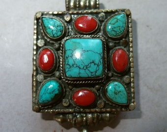 Tibetan Metal Amulet with Turquoise and Red Glass Beads Decorated Box Ghau, Buddhist Folk Pendant, Himalayan Ethnic Jewelry, FREE SHIPPING