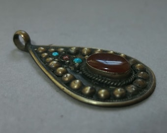 Handmade Metal Pendant with Red Stone and Glass Beads from Nepal, Mounted Stone Pendant, Amulet, Folk Jewelry, FREE SHIPPING