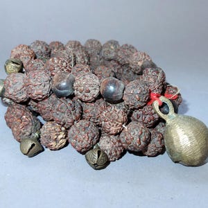 SHAMAN Necklace with Old Seed Beads and Brass Bell Pendants from Nepal, Himalaya Jewelry, Buddhist Folk Art, FREE SHIPPING