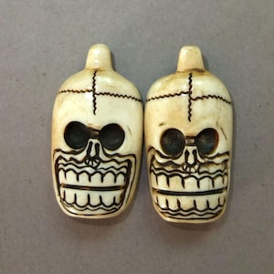 Two Skull Shaped Bone Pendants Amulets from Nepal, Folk Tribal Jewelry Himalaya Region, FREE SHIPPING