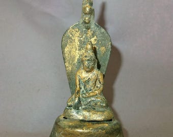 Old Gilded Metal Buddha Statue with Naga from Burma, Burmese Buddhist Art, Religious Art