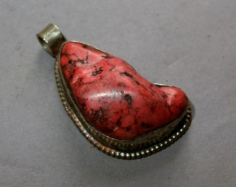 Large Handmade Red Jasper Pendant with Metal Mounting from Nepal, Mounted Stone Pendant, Amulet, Folk Jewelry, FREE SHIPPING