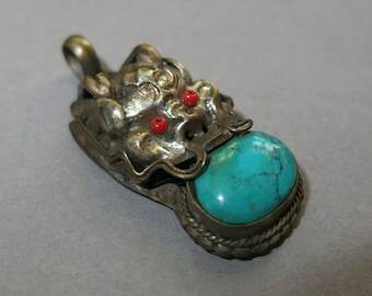 Handmade Turquoise Pendant with Metal Dragon Mounting from Nepal, Mounted Stone Pendant, Amulet, Folk Jewelry, FREE SHIPPING