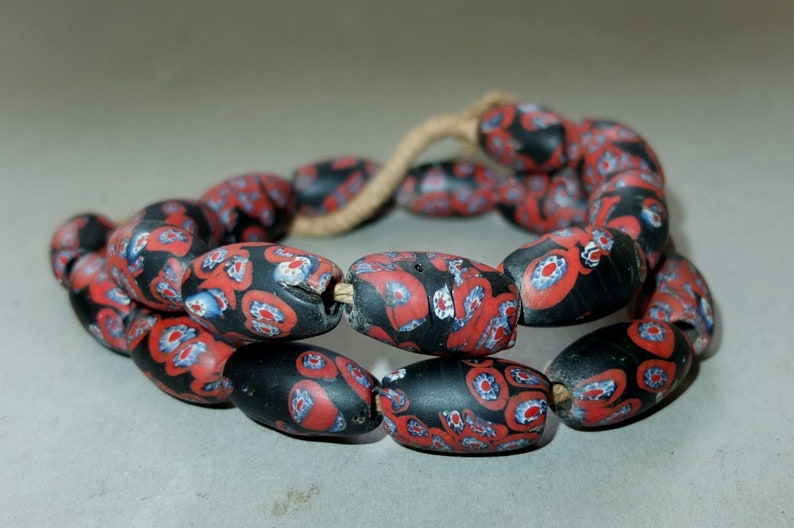 Nepali Folk Beads Nepalese Necklace with Oval Red Black Blue White Fused Glass Beads FREE SHIPPING Beads with Floral Design