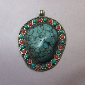 Large Old Handmade Metal Mounted Turquoise Pendant Decorated with Glass Beads from Nepal, Stone Amulet, Folk Jewelry, FREE SHIPPING image 1