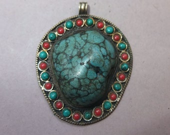 Large Old  Handmade Metal Mounted Turquoise Pendant Decorated with Glass Beads from Nepal, Stone Amulet, Folk Jewelry, FREE SHIPPING