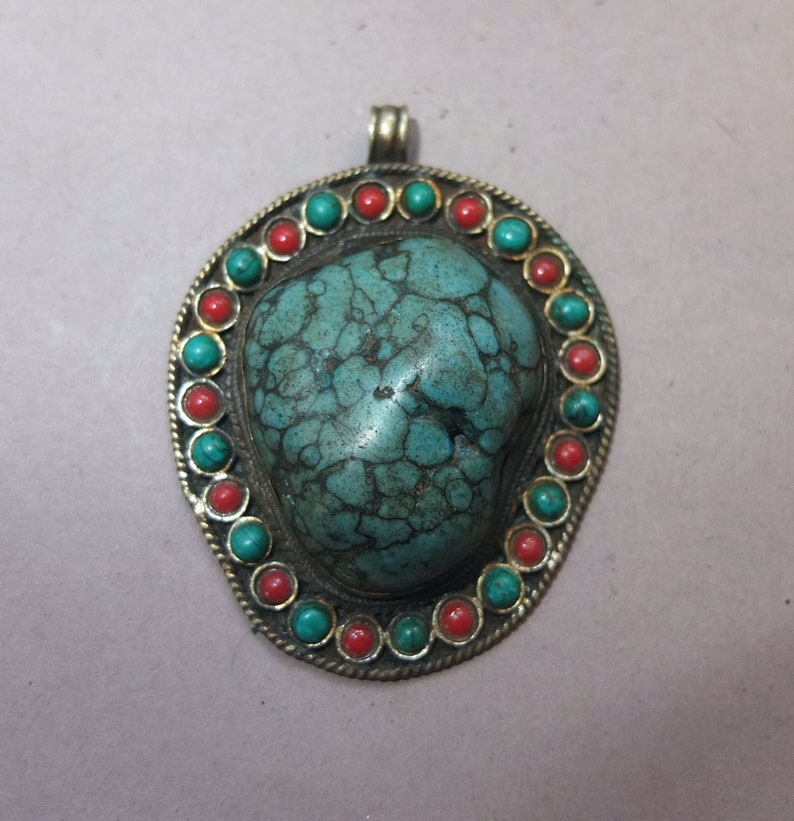 Large Old Handmade Metal Mounted Turquoise Pendant Decorated with Glass Beads from Nepal, Stone Amulet, Folk Jewelry, FREE SHIPPING image 1