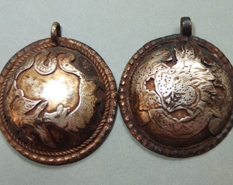 Two Buddhist Metal Amulets Pendants with Dragon and Animals, from Nepal, Buddhist Jewelry, Folk Amulet, Tribal Art, FREE SHIPPING