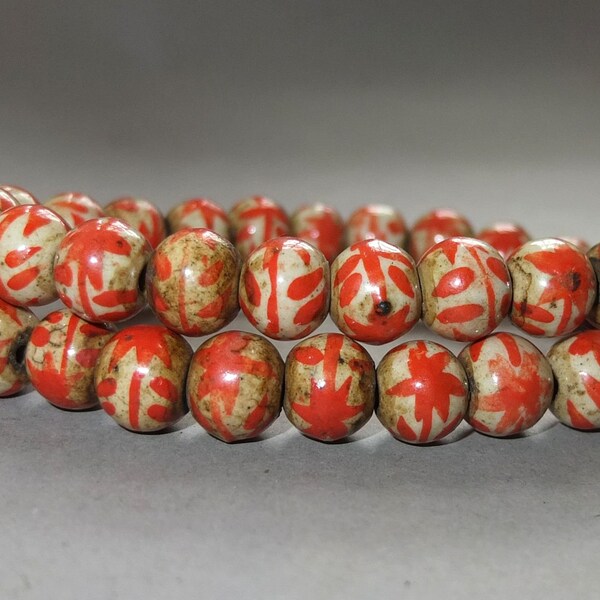 Necklace Strand with Old Red White Ceramic Beads from Nepal, Tribal Jewelry Asia, Folk Beads, FREE SHIPPING