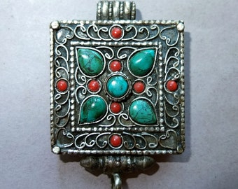 Tibetan Metal Amulet with Turquoise Stone and Glass Beads Decorated Box Ghau, Buddhist Folk Pendant, Himalayan Ethnic Jewelry, FREE SHIPPING