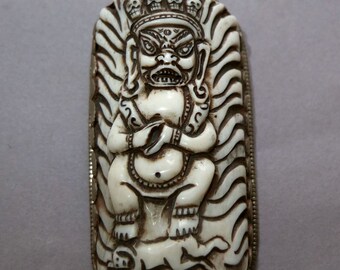 Large Tibetan Bone Amulet Pendant with Mahakala, Religious Art Asia Tibet,Folk Jewelry,  FREE SHIPPING