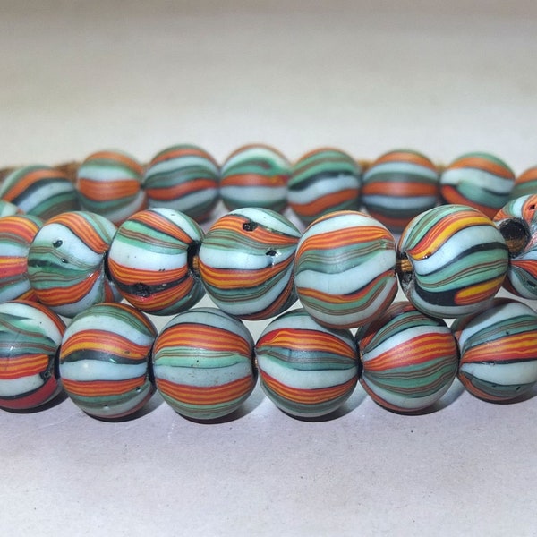 Necklace Strand with Used Round Gray Orange Green Black Striped Glass Beads from Nepal, Folk Jewelry Asia, FREE SHIPPING