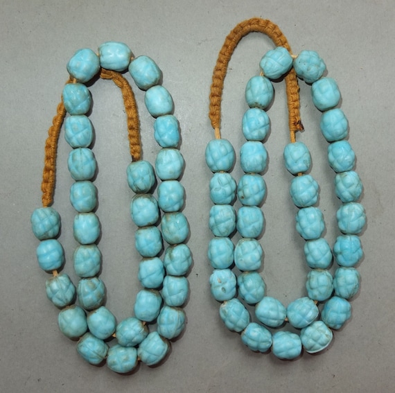 Two Necklaces Strands Old Used Oval Black White Striped Glass Beads from Nepal FREE SHIPPING Handmade Beads for Jewelry Making