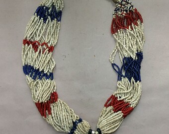 Old Multi-Strand Necklace with Small Red Blue White Glass Beads, Ethnic Necklace, Asian Design, FREE SHIPPING