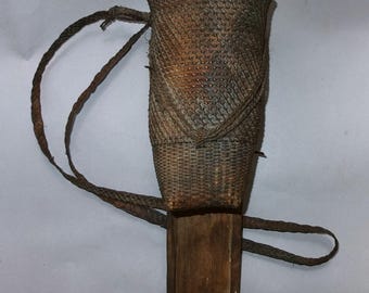 Laos Bast Fibre Farmer Basket, Asian Tribal Art, Wooden Holder