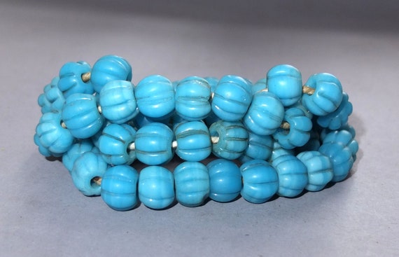 Strand with Light Blue Melon Shaped Glass Beads f… - image 1