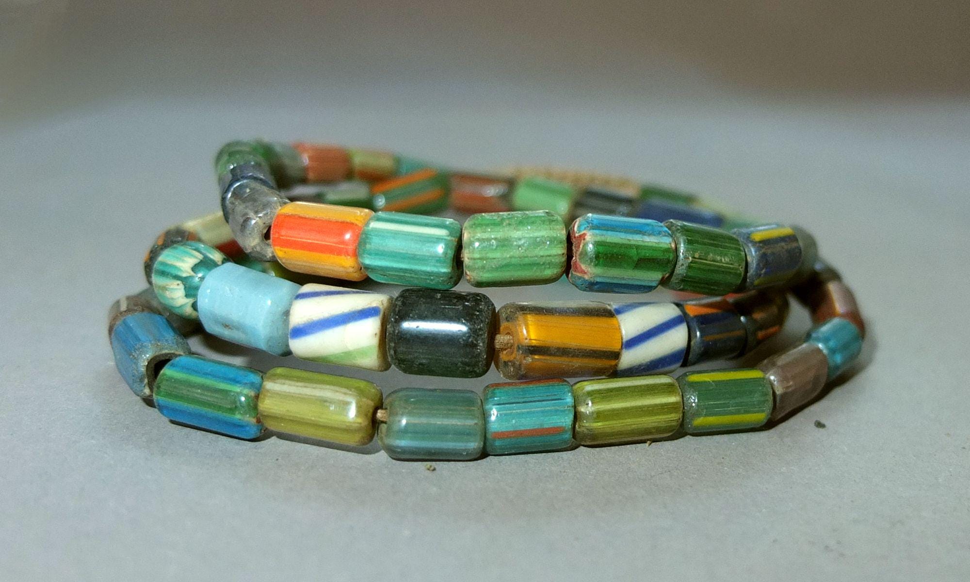 Beaded Necklace With Old Handmade Multicolored Chevron Glass Beads