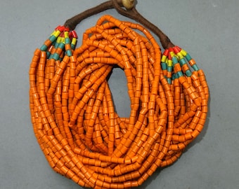 Naga Necklace with 20 Strands Orange Small Glass Beads, Ethnic Necklace, Asian Design, FREE SHIPPING