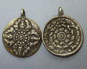 Two Buddhist Brass Amulets Pendants with Double Dorje and Zodiac Calendar from Nepal, Ethnic Folk Tibetan Jewelry, Tribal Art, FREE SHIPPING