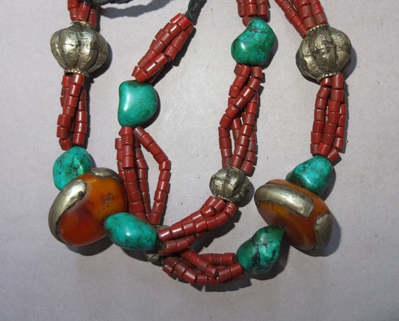 Necklace with Handmade Metal Turquoise Small Red … - image 3