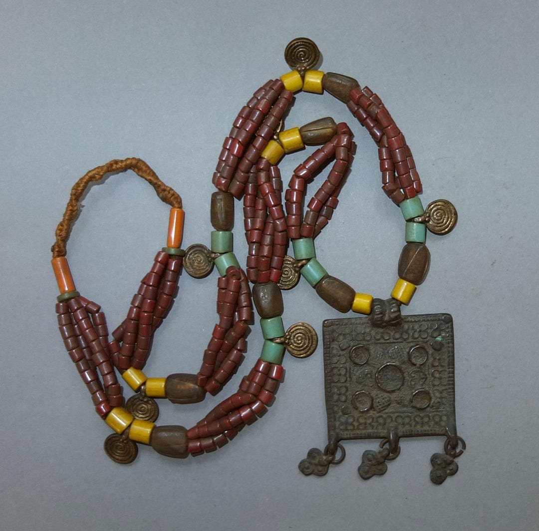NAGA Multi Strand Glass Beaded Necklace, Bronze Pendant, Tribal