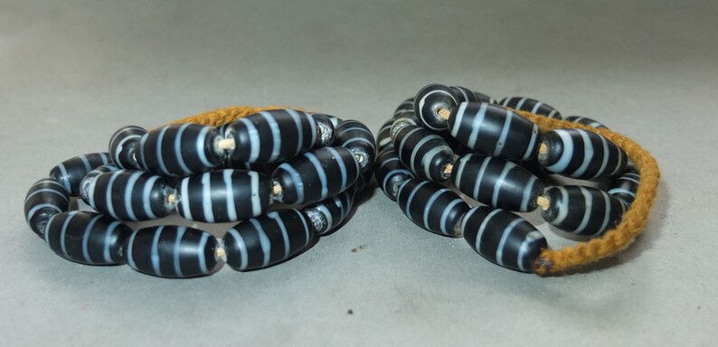 Two Necklaces Strands Old Used Oval Black White Striped Glass Beads from Nepal FREE SHIPPING Handmade Beads for Jewelry Making