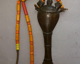 Naga Ethnic Necklace with Old Different Glass Beads and Large Traditional Fish Bronze Pendant