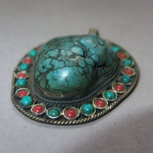 Large Old Handmade Metal Mounted Turquoise Pendant Decorated with Glass Beads from Nepal, Stone Amulet, Folk Jewelry, FREE SHIPPING image 4