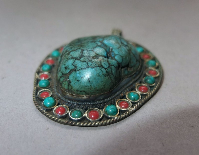 Large Old Handmade Metal Mounted Turquoise Pendant Decorated with Glass Beads from Nepal, Stone Amulet, Folk Jewelry, FREE SHIPPING image 4