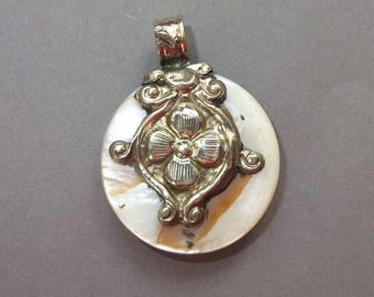 Metal Mounted Shell Pendant, Lotus Decoration, Tribal Asian Jewelry