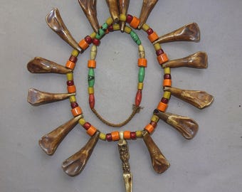 NAGA Necklace with Glass Beads Ox Teeth Pendants and Phurbu Shaped Bone Pendant, Jewelry