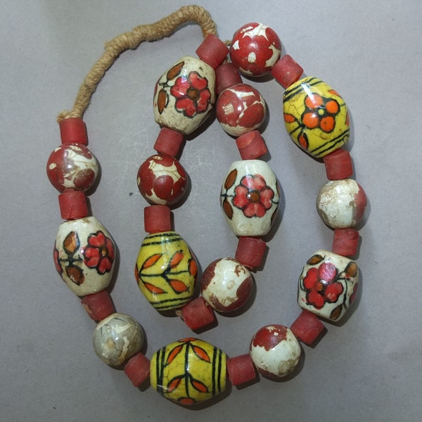 Heavy Necklace Strand Large Ceramic and Red Glass Beads from Nepal, Ethnic Jewelry, Folk Beads,  FREE SHIPPING