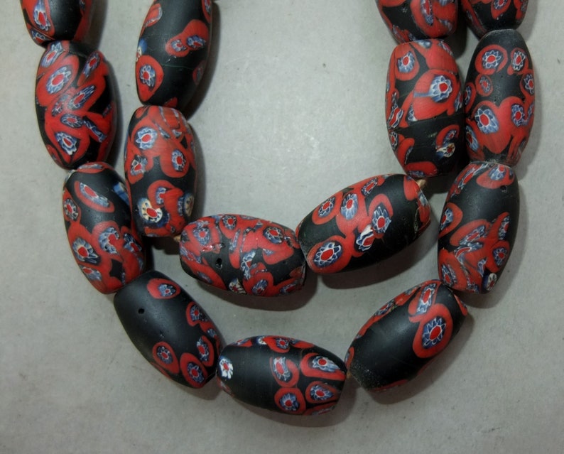 Nepali Folk Beads Nepalese Necklace with Oval Red Black Blue White Fused Glass Beads FREE SHIPPING Beads with Floral Design