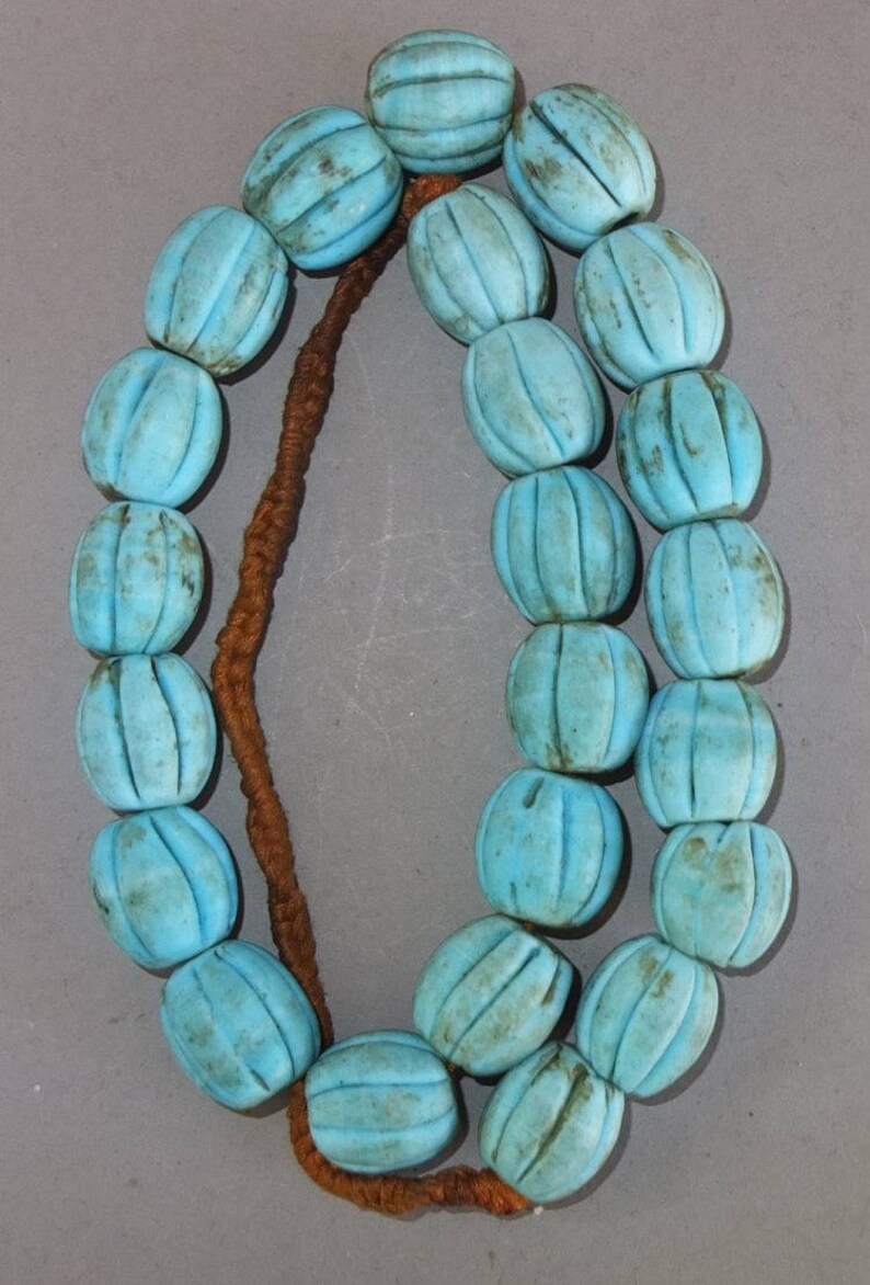 Melon Shaped Ethnic Beads FREE SHIPPING Himalaya Jewelry Heavy Folk Necklace with Handmade Used Blue Grooved Glass Beads from Nepal