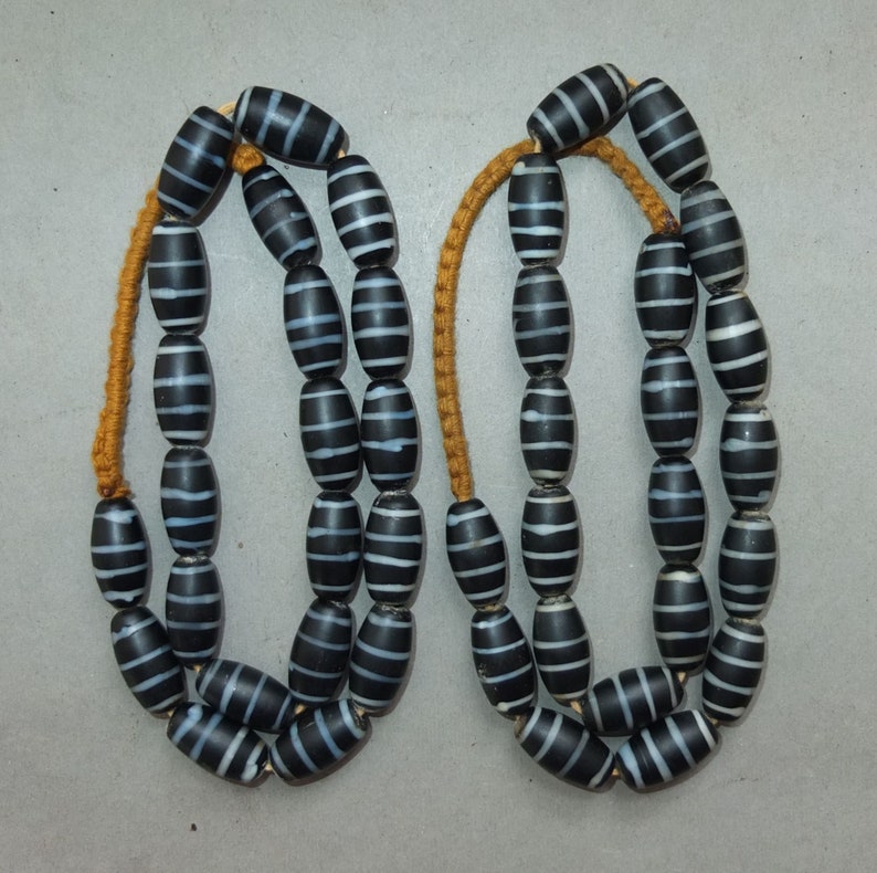 Two Necklaces Strands Old Used Oval Black White Striped Glass Beads from Nepal FREE SHIPPING Handmade Beads for Jewelry Making