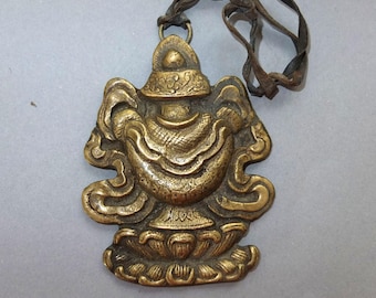 Large Brass Auspicious Symbol Holy Vase or Kalasha Amulet Pendant from Nepal