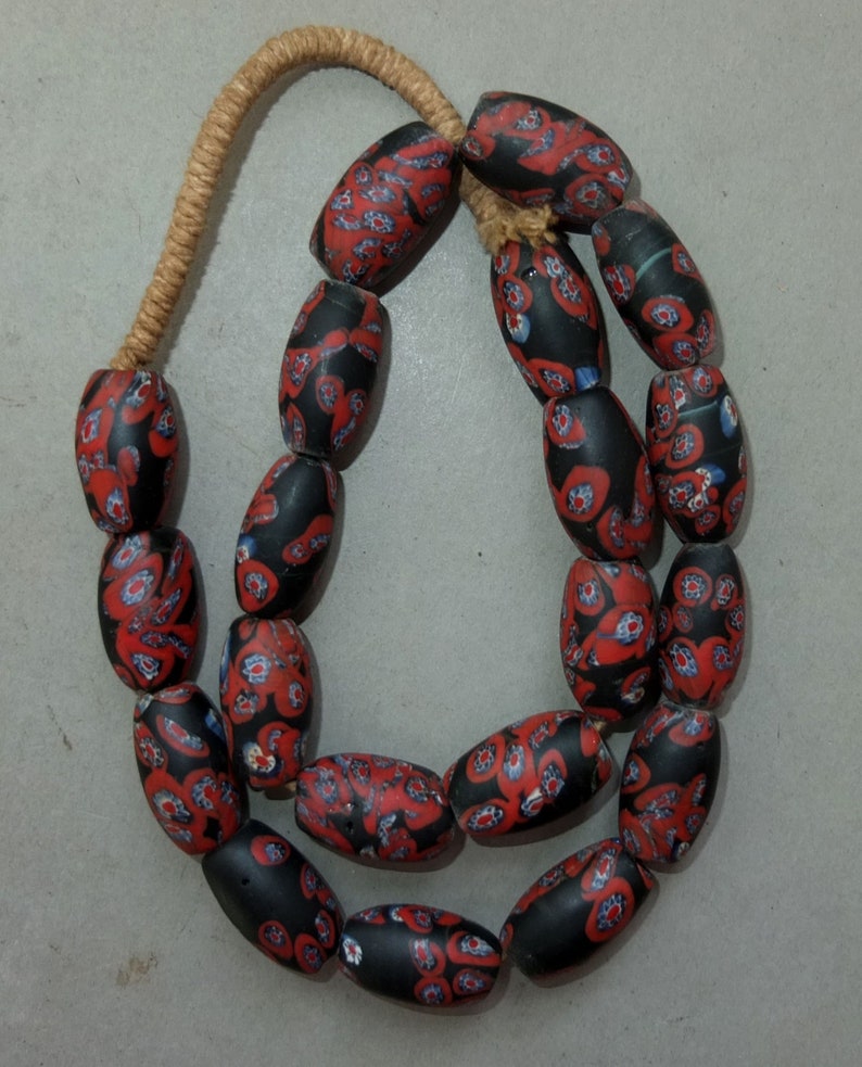 Nepali Folk Beads Nepalese Necklace with Oval Red Black Blue White Fused Glass Beads FREE SHIPPING Beads with Floral Design