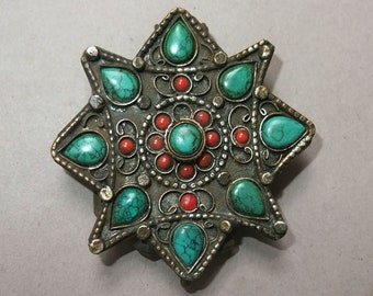Tibetan Metal Amulet with Turquoise and Glass Beads Decorated Box Ghau, Buddhist Folk Pendant, Himalayan Jewelry, FREE SHIPPING