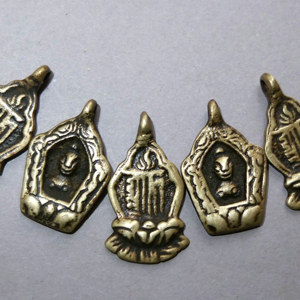 Five Buddhist Brass Amulets Pendants with Kalachakra Mantra and Buddha from Nepal, Folk Jewelry, FREE SHIPPING