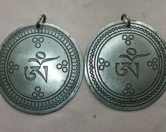 Two Tibetan Buddhist Iron Mirrors Amulets Pendants Melongs with Mantra OM from Nepal, Folk Jewelry, FREE SHIPPING