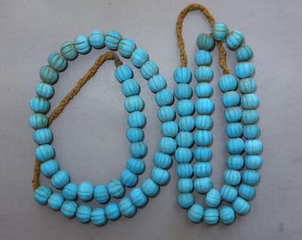 Two Handmade Grooved Glass Bead Necklaces, Nepal Blue Melon Beads