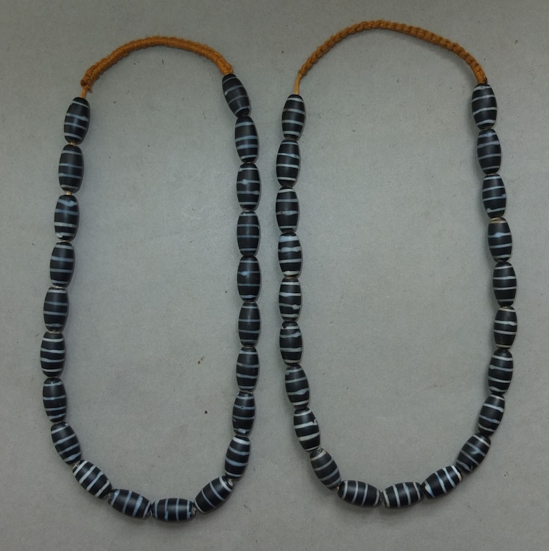 Two Necklaces Strands Old Used Oval Black White Striped Glass Beads from Nepal FREE SHIPPING Handmade Beads for Jewelry Making