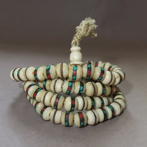 Tibetan Buddhist Mala Rosary with Bone Prayer Beads with Glass Metal Inlays from Nepal, Buddhist Lama Art, FREE SHIPPING