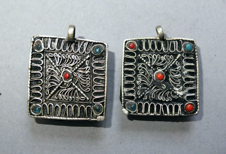 Two Old half Small Tibetan Metal Amulet Boxes Courier shipping free shipping Herbs Ghaus Filled with