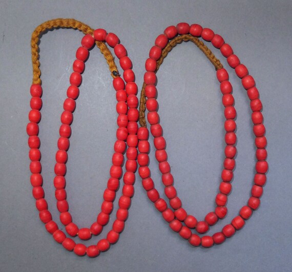 Nepali Folk Beads Nepalese Necklace with Oval Red Black Blue White Fused Glass Beads FREE SHIPPING Beads with Floral Design