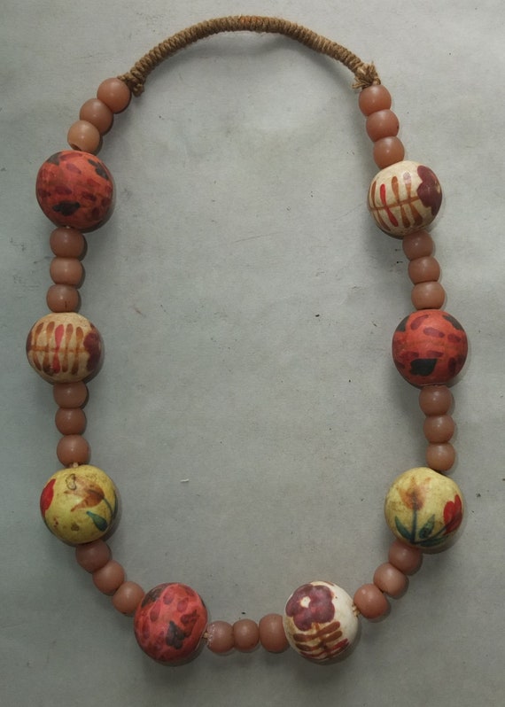 Melon Shaped Ethnic Beads FREE SHIPPING Himalaya Jewelry Heavy Folk Necklace with Handmade Used Blue Grooved Glass Beads from Nepal