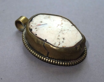 Large White Handmade Jasper Pendant with Metal Mounting from Nepal, Mounted Stone Pendant, Amulet, Folk Jewelry, FREE SHIPPING